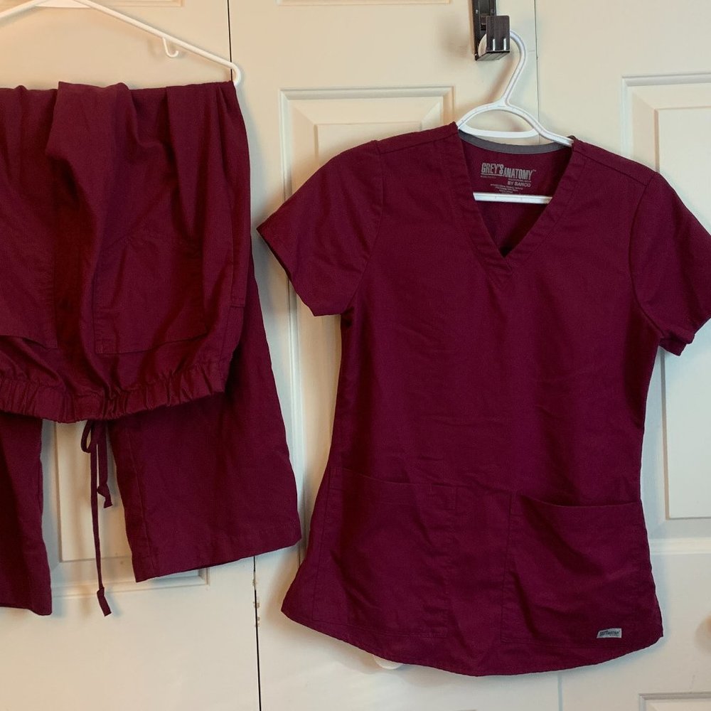 Grey's Anatomy maroon scrub top and scrub bottom